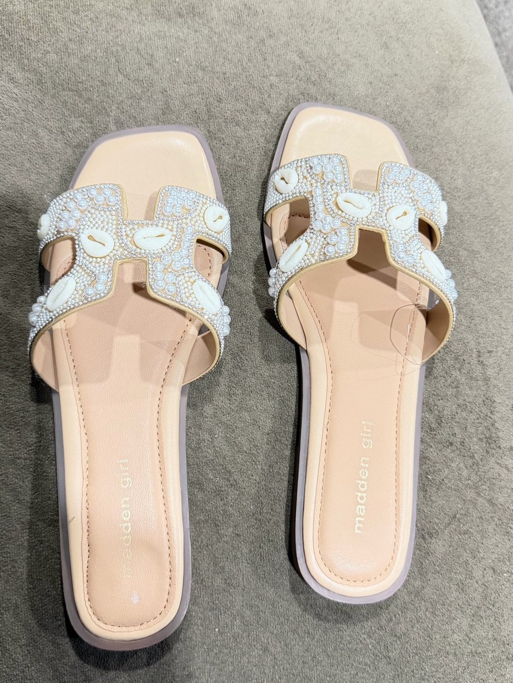 Madden Girl Nude Beaded Shell Slide Sandals